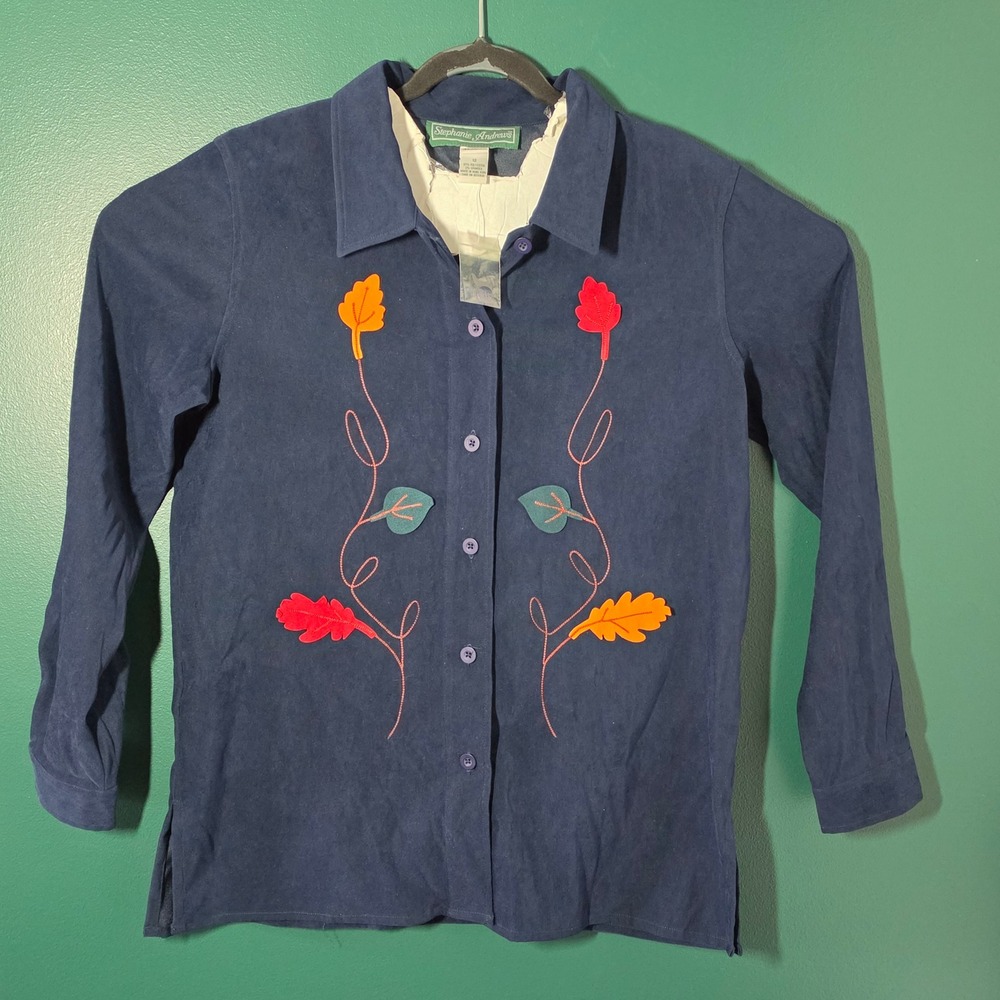 Stephanie Andrews Womens Navy Faux Suede Leaf Button Up Shirt Size 12